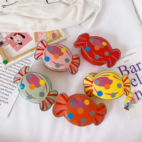 Niños Bolso de Hombro Lindo Forma de Caramelo Mini Bolso Bandolera de Cuero PU para Niños Niñas Lunares Rayado Dibujos Animados Accesorio Moda