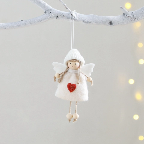 Christmas Angel Doll Hanging Ornament Felt Knitted Hat Wood Beads Heart Decor Festive Tree Decoration Handmade Craft Gift