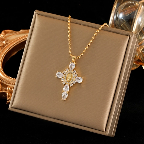 Collier Pendentif Croix Vierge Marie Acier Inoxydable Plaqué Or Micro Incrusté Zircon Religieux Chaîne À Billes Bijoux