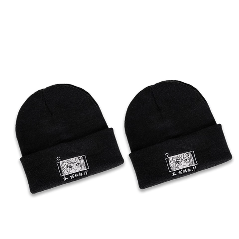 Anime Girl Embroidered Cuffed Beanie Hat Black Acrylic Knit Warm Streetwear Harajuku Style Skull Cap For Men Women