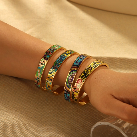 Brazalete Esmalte Vintage Colorido Geométrico Chapado Oro 18K Acero Inoxidable Joyería Para Mujer Retro