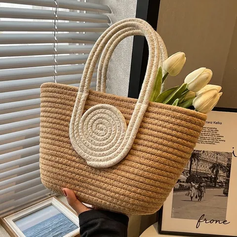 Woven Cotton Rope Handbag Contrast Color Spiral Decor Large Capacity Tote Bag Casual Summer Travel Minimalist For Women