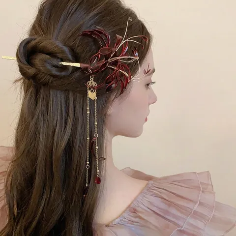Spinnenlilie Haarnadel Legierung Harz Blume Mit Langen Quasten Perlen Vintage Chinesischen Stil Hanfu Haarschmuck Für Damen