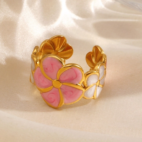 Anillo De Flor De Acero Inoxidable Chapado En Oro Esmalte Rosa Blanco Ajustable Joyería De Moda Para Mujer