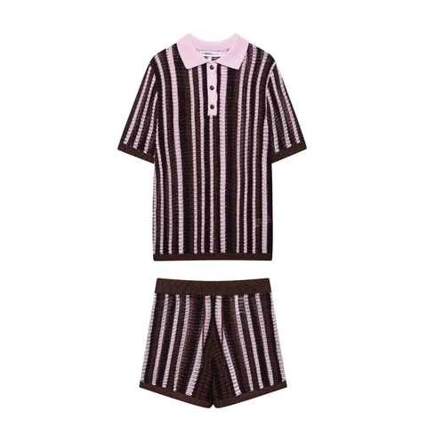 Gestreiftes Strick Polo Hemd Und Shorts Kurzarm Vertikale Streifen Hohl Casual Streetwear Kleidung Für Frauen
