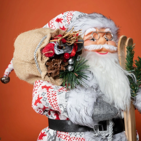 Babbo Natale Bambola Statuetta Con Vestiti In Maglia Pelliccia Sintetica Sci In Legno Sacco Di Iuta Decorazione Nordica