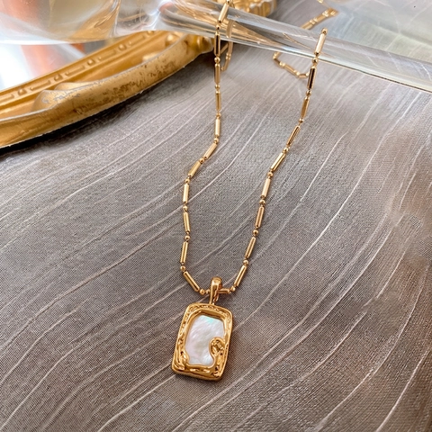 Collar Con Colgante De Cobre Chapado En Oro Real Con Nácar Rectangular Joyería Retro Francesa Elegante Para Mujeres