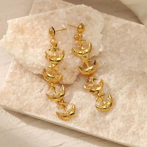 Stern Mond Hänger Ohrringe Und Armband Edelstahl 18K Vergoldet Lange Fransen Tropfen Schmuck Für Frauen Böhmischer Stil