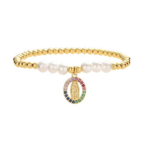 Bracciale Di Perline Rame Placcato Oro Con Künstliche Perle Di Imitazione Religioso Vergine Maria Croce Malocchio Cuore Zircone Moda
