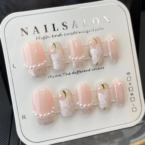 Unghie Finte Fatte A Mano Stile Francese Perla Artificial Camelia Fiore Glitter Rosa Traslucido Elegante Sposa Matrimonio Donne