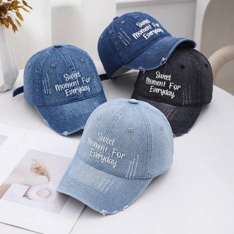 Vintage Washed Denim Baseball Cap Distressed Cotton Embroidered Letter Adjustable Outdoor Sun Hat For Women Men