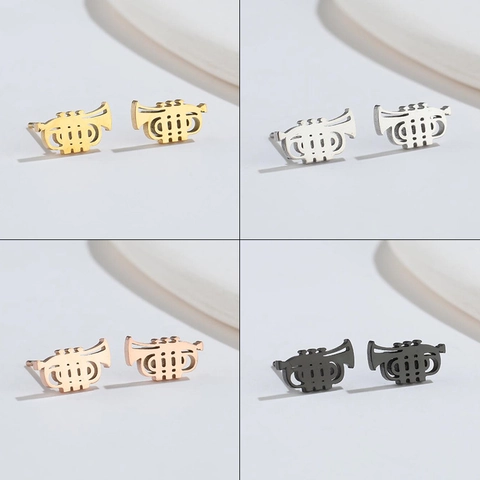 Roestvrijstalen Trompet Oorknopjes Retro Muziekinstrument Hoorn Vorm Minimalistische Sieraden Voor Dames