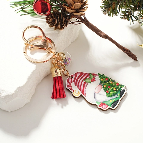 Set Portachiavi in Legno a Cartoni Animati Natalizi Stampati Gnomo Pupazzo di Neve Babbo Natale Albero Calzino Lecca-lecca Nappa Rossa