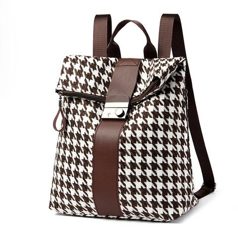 Zaino Pied De Poule Da Donna Tessuto Di Lana Grande Capacità Borsa Da Viaggio Per La Scuola Con Finiture In Ecopelle