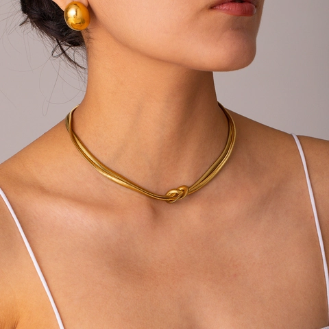 Knotted Snake Chain Necklace Stainless Steel Gold Plated Minimalist Herringbone Flat Chain Jewelry For Women