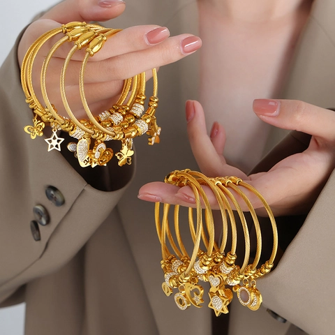 Stainless Steel Cable Charm Bracelet For Women Gold Silver Plated Heart Star Evil Eye Butterfly Zirconia Bangle Jewelry