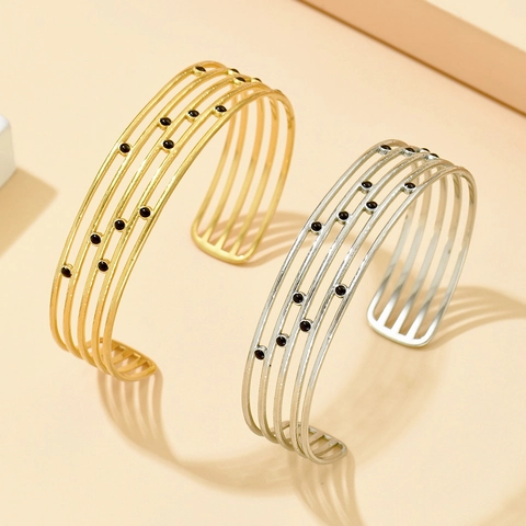 Vintage Meerlaagse Holle Manchetarmband Roestvrij Staal Parallelle Lijnen Zwarte Druppelolie Verstelbare Open Armband Voor Dames