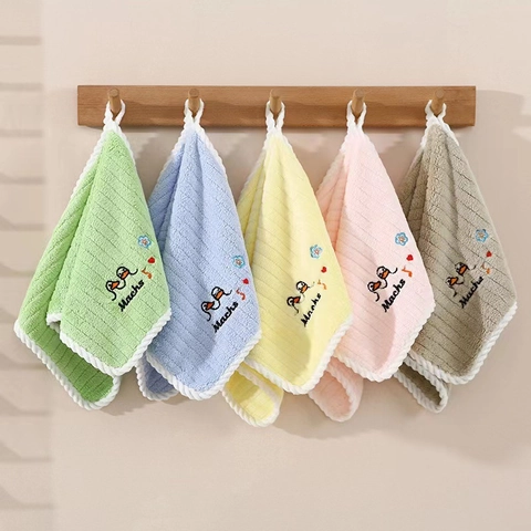 Hanging Hand Towel Coral Fleece Absorbent Soft Cartoon Duck Embroidery Bathroom Kitchen Face Towels For Toddler Kids