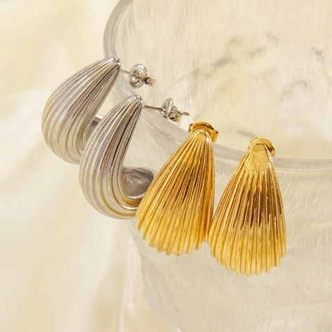 Pendientes De Botón De Gota De Agua Estriados De Acero Inoxidable Para Mujer Vintage Chapados En Oro De 14K Textura Concha