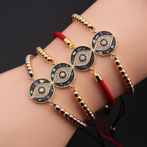 Pulsera Ojo Turco De Cobre Bañado En Oro Circonita Nácar Cuerda Trenzada Ajustable Joyería Bohemia Étnica Mujer