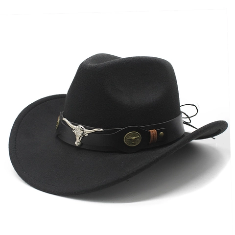 Chapeau De Cowboy Occidental Large Bord Feutre Fedora Avec Ceinture En Cuir Décoration Corne De Taureau Métal