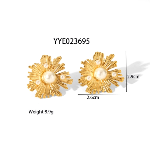 Parure de Bijoux Vintage en Acier Inoxydable Plaque Or Avec Boucles d'oreilles Fleur de Künstliche Perle et Bague Ouverte Irreguliere