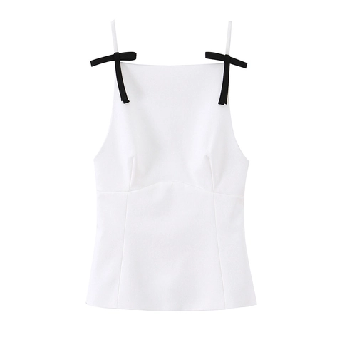 Canotta Da Donna In Acrilico Spalline Con Fiocco Scollo Quadrato Bianco Tinta Unita Vestibilità Aderente Streetwear Casual Sexy Senza Maniche