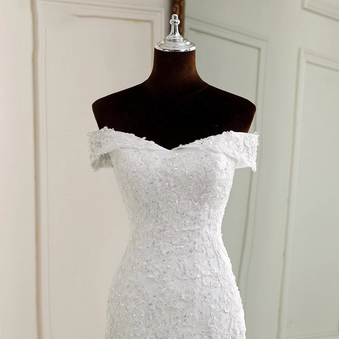 Off The Shoulder Mermaid Wedding Dress White Lace Embroidery Sequin Floor Length Bridal Gown For Women