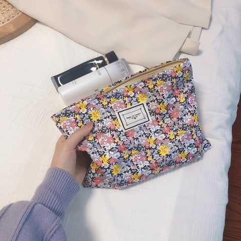 Vintage Floral Cosmetic Bag Cotton Canvas Makeup Organizer Pouch Flower Pattern Zipper Travel Toiletry Case For Women