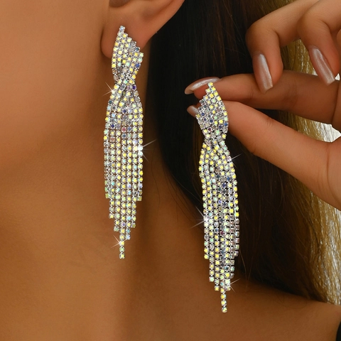 Long Tassel Earrings Copper Rhinestone Waterfall Dangle Drop Party Banquet Wedding Statement Jewelry For Women