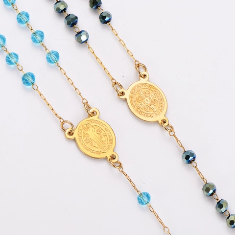 Collar De Rosario De Acero Inoxidable 304 Chapado En Oro Con Cuentas Facetadas Medalla Colgante De Cruz Religiosa Joyería Para Mujer