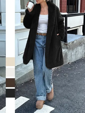 Damen Eleganter Langer Kunstpelzmantel Revers Plüsch Dick Warm Wintermantel Langarm Pendler Oberbekleidung