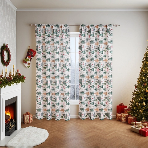Christmas Printed Curtains Polyester Semi Blackout Festive Tree Santa Snowman Pattern For Living Room Bedroom Holiday Decoration