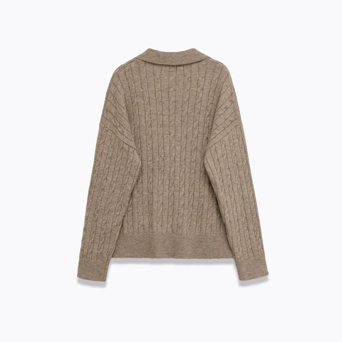 Women Cable Knit Polo Sweater V Neck Long Sleeve Drop Shoulder Solid Color Casual Pullover Khaki