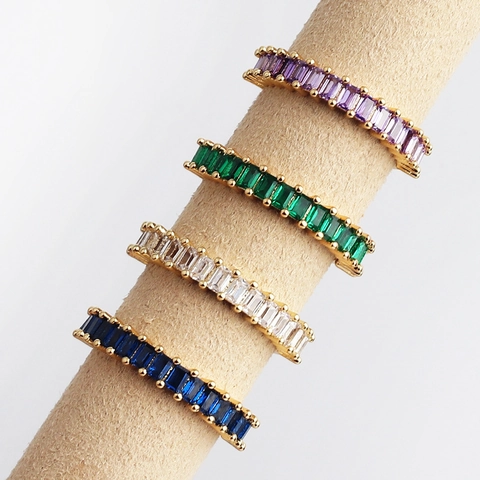 Colorful Zircon Adjustable Ring 18K Gold Plated Copper Baguette Cut Micro Pave Minimalist Fashion Jewelry For Women