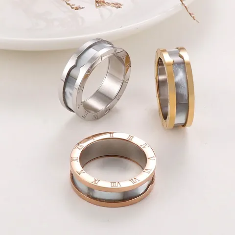 Edelstahl Ring Römische Zahlen Graviert Perlmutt Inlay Bi-Color Band Modeschmuck Für Damen