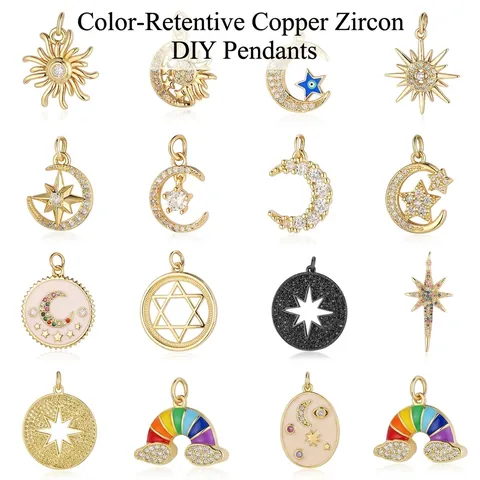 Étoile Lune Soleil Arc En Ciel Breloques Pendentifs Pour DIY Création De Bijoux Cuivre Laiton Zircone Plaqué Or Argent