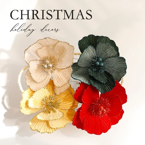 Artificial Christmas Flowers Velvet Poinsettia Sparkling Glitter Xmas Tree Ornaments Holiday Home Party Decoration