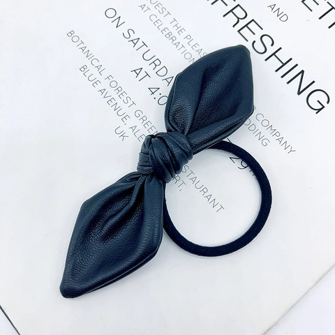 Bowknot PU Leather Hair Tie Elastic Hair Band Sweet Solid Color Ponytail Holder Elegant Headwear For Women Girls