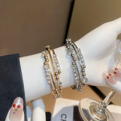 Mehrlagiger Offener Armreif Für Damen Legierung Mit Strass Geometrisch Rund Luxus Mode Schmuck