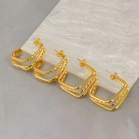 Multi-layer Stainless Steel Earrings 18K Gold Plated Geometric Square U-shape Textured Twisted Minimalist Fashion Jewelry Women