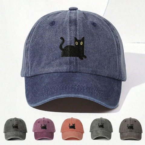 Cappello Da Baseball Consistenza Cotone Lavato Ricamo Gatto Nero Cappello Da Sole Retro Casual Allaperto Novità