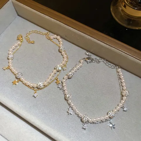 Pulsera De Doble Capa Perla Artificial De Imitación Colgante De Estrella Circón Bola De Diamantes Joyas De Moda Para Mujeres