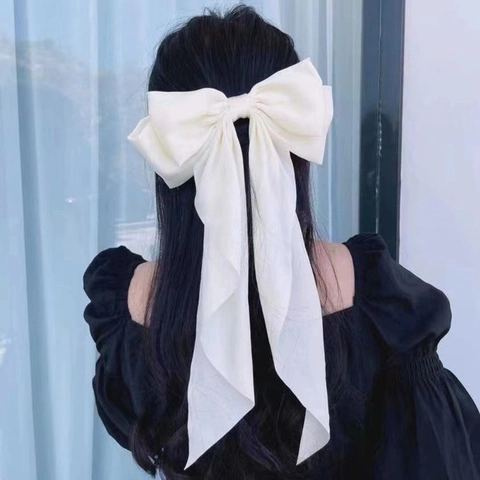 Grote Strik Haarclip Satijn Lange Linten Streamer Franse Retro Stijl Elegante Haarpeld Voor Vrouwen Meisjes