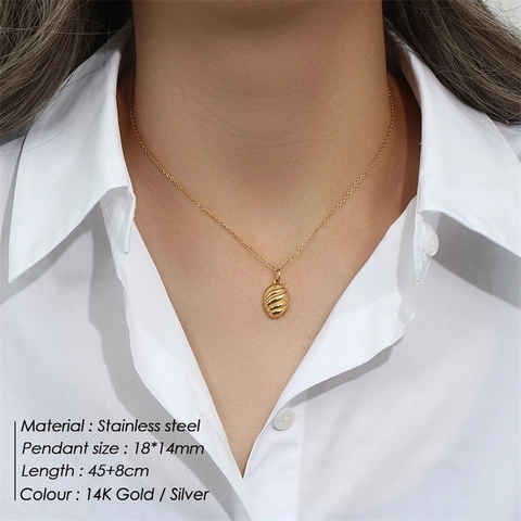 Collana Minimalista in Acciaio Inossidabile per Donna Ciondolo Geometrico Ovale con Trama a Onde Placcato Oro 14K Gioielli Moda