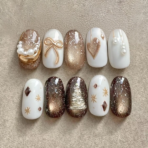 Elegant Press On Nails Artificial Fake Fingernails Champagne Gold Cat Eye With 3D Bow Artificial Pearl Heart Designs For Women