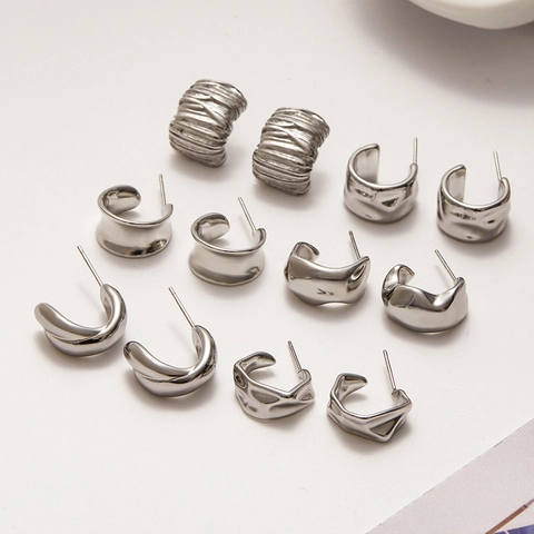 Geometric Stainless Steel Hoop Earrings For Women Minimalist Waterproof Hypoallergenic Chunky Texture C-Shaped Studs