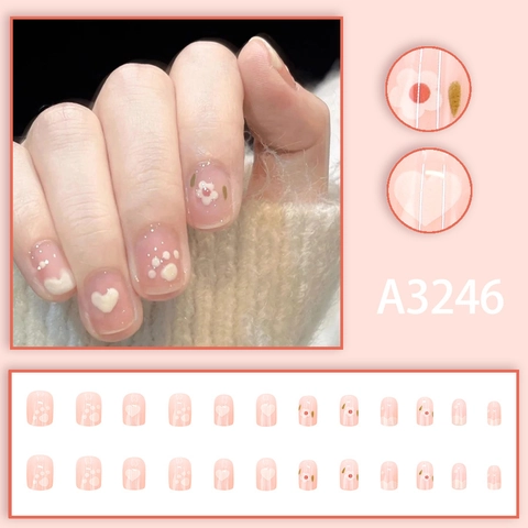 Press On Nails Short Square Round Pink Jelly Cute Flower Heart Pattern Sweet INS Style False Nails For Women