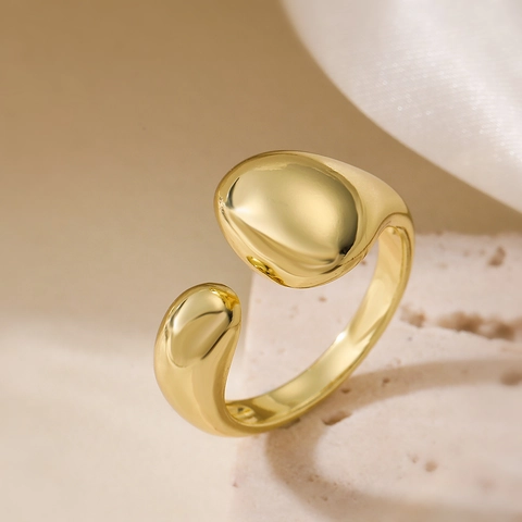 Bague Ouverte Minimaliste En Cuivre Plaqué Or 18K Forme Géométrique Goutte D'Eau Polie Lisse Ajustable Femmes