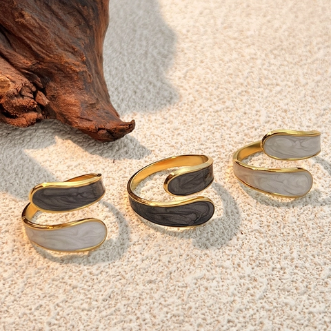Stainless Steel Open Ring 18K Gold Plated Enamel Dripping Oil Marble Texture Geometric Waterdrop Retro Adjustable Women Jewelry